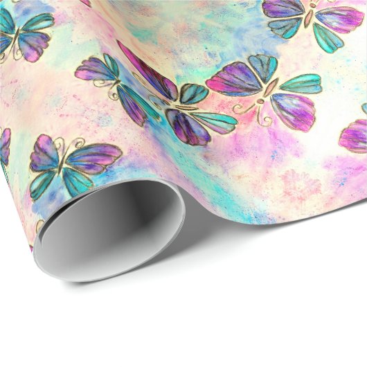 Cadeau Papillons colorés Enveloppement Papier Aquarelle (Coin rond)