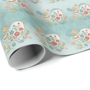 Cadeau Petit Oiseau Bleu Fleurs Roses Envelopper Papier