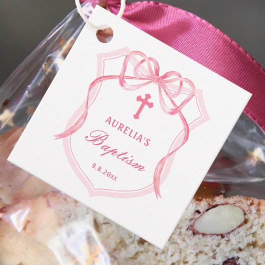 Cadeau Pink Bow Crest Baptism Favoriser les étiquettes