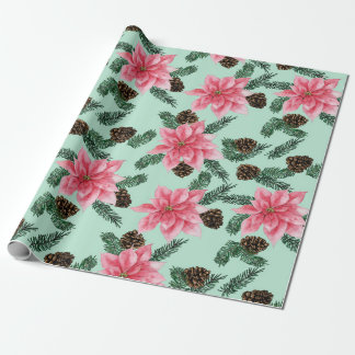 Cadeau Poinsettias roses et papier d'enveloppement de pin