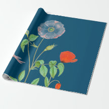 POPIES SUR papier d'enveloppement BLEU FONCÉ