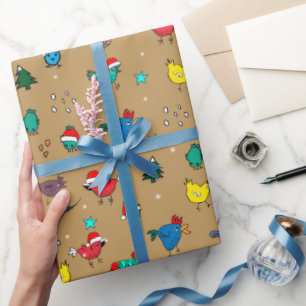 Cadeau Poussins de Noël sur du papier d'emballage doré