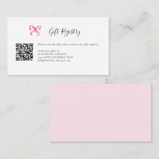 Cadeau Registry Roze Bow Baby shower QR Code Informatiekaartje (Voorkant / Achterkant)