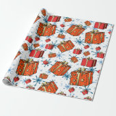 Cadeau Scandi Snowflakes Red Packages Wrapping Papier (Déroulé)