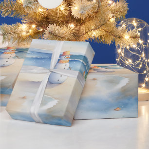 Cadeau Snowman Sur Le Papier D'Enveloppement De Plage
