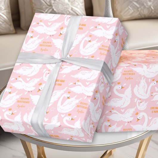 Cadeau Swan Girl Anniversaire Nom Pink Wrapper Papier