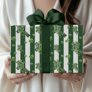 Cadeau Vert Chasseur Papier Vintage à Rayures et Trèfle