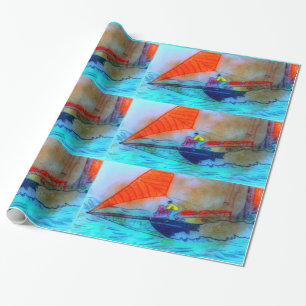 Cadeau voiles rouges sur papier d'emballage de goélette 