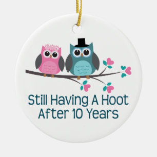 Cadeau voor 10th Wedding Jubileum Hoot Keramisch Ornament