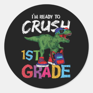 Cadeau voor leerling 1e klas dinosaurus terug naar ronde sticker