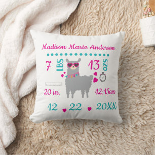 Cadeau voor nieuwe baby met geboortegegevens Llama Kussen
