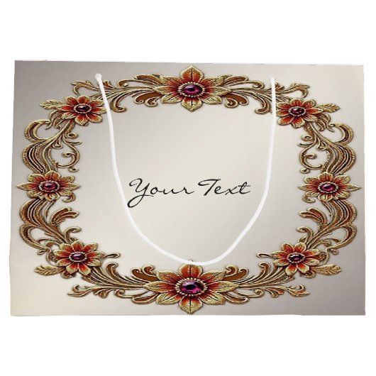 Cadeaubag met gouden bloemenframe en rode stenen groot cadeauzakje (Achterkant)