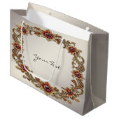 Cadeaubag met gouden bloemenframe en rode stenen groot cadeauzakje (Voorkant Gekanteld)