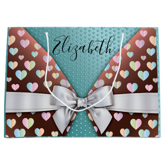 Cadeaubag met strik en hartstippen groot cadeauzakje (Voorkant)