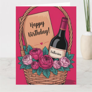 Cadeaubak met wijn, rozen en eigen naam kaart