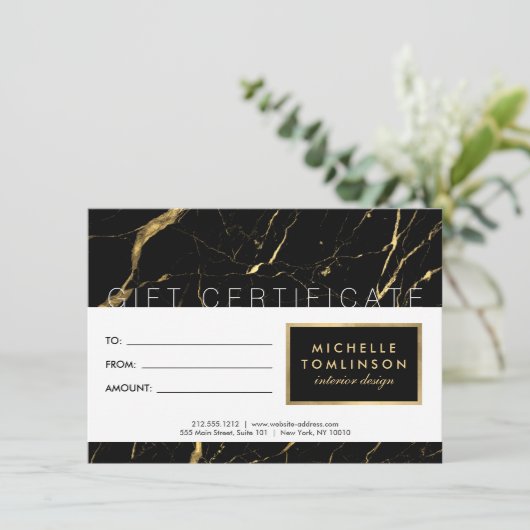 Cadeaubon voor zwarte en goudkleurige ontwerper (Staand voorkant)