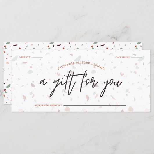 Cadeaucertificaat voor Terrazzo & Signature Script (Voorkant / Achterkant)