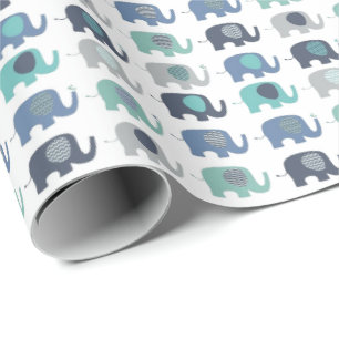 Cadeaupapier - Blauwe, groene en grijze olifanten