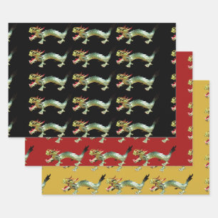Cadeaupapier - Chinese Draken op Drie Kleuren