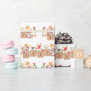 Cadeaupapier met Baby Blokken, Beren en Wilde Bloe