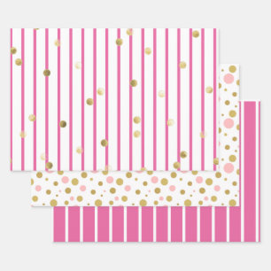 Cadeaupapier Set - Roze Gouden Strepen Stippen