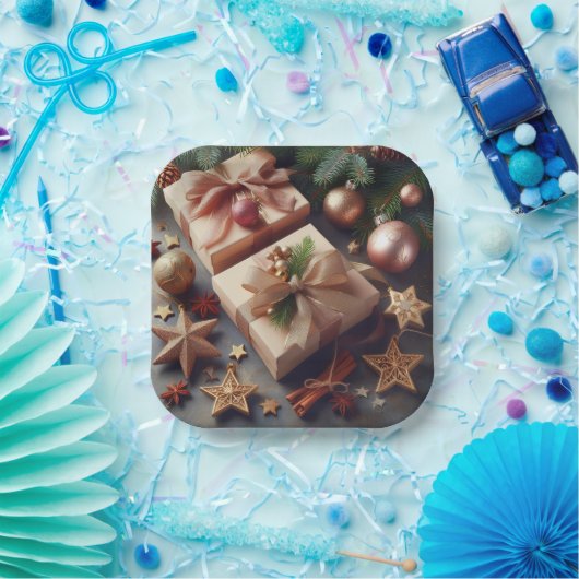 Cadeaus en kerstversieringen papieren bordje (Feest)