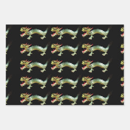 Cadeauverpakking - Chinese Draken op drie kleuren Inpakpapier Vel