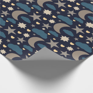 Cadeauverpakking Navy Blue Maan Sterren en Wolken Cadeaupapier