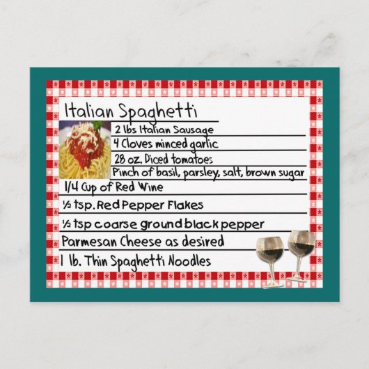 Cadeaux de carte de recettes italiennes "Spaghetti (Devant)