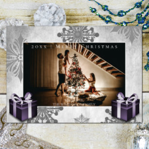 Cadeaux de Noël violet et Carte photo de flocons d