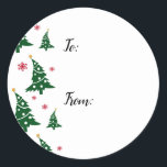 Cadeaux Étiquettes avec Dancing Green Christmas Tr<br><div class="desc">Les arbres de Noël entrecoupés de flocons de neige rouges semblent danser à gauche de ce dessin. Les mots "À :" et "De :" ont été placés dans des espaces appropriés afin que vous puissiez écrire vos noms de donateur et de destinataire lorsqu'ils sont placés sur vos colis. Les modèles...</div>