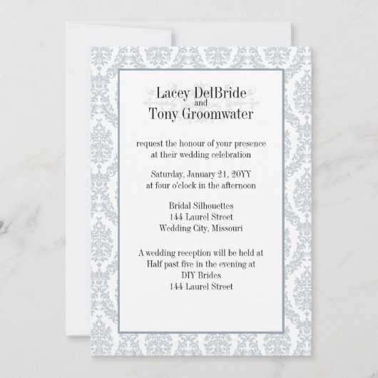 Cadet Grey Damask Thème Mariage Invitation personn (Devant)