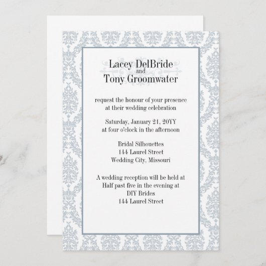 Cadet Grey Damask Thème Mariage Invitation personn (Devant / Derrière)