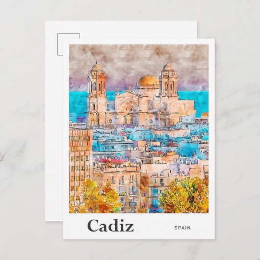 Cádiz Spanje Reizen Waterverf Hand getekend Briefkaart (Voorkant / Achterkant)