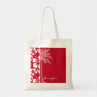 Cadmiumrood tropische hibiscus; palm tote bag