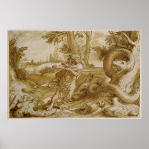 Cadmus staat op het punt een draak aan te vallen poster