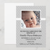 Cadran gris Damas Photo Faire-part bébé (Devant / Derrière)