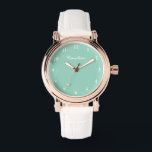 Cadran turquoise personnalisé cuir blanc montre fe<br><div class="desc">Cadran turquoise personnalisé montre femme en cuir blanc. Montres à poignet personnalisées pour dames de classe. Idée cadeau personnalisée pour elle. Design chic avec inscription de script. Elégante idée cadeau d'anniversaire ou de Noël pour maman, femme, petite amie etc. Bracelet en cuir et coque en or rose. La couleur Arrière...</div>