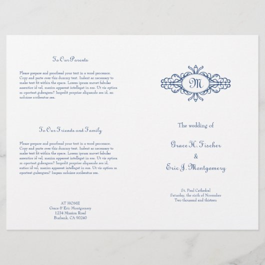 Cadre baroque monogramme marine bleu programme de (Devant)