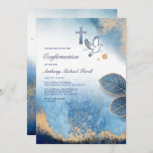 Cadre bleu feuilles Invitation religieuse 2 (Devant / Derrière)