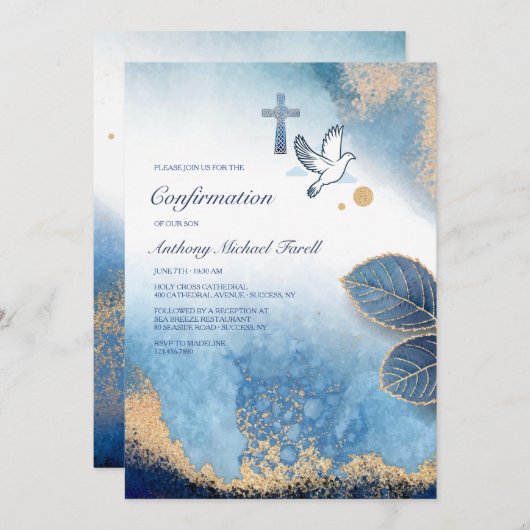 Cadre bleu feuilles Invitation religieuse 2 (Devant / Derrière)