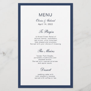 Cadre bleu marine classique. Menu de mariage éléga