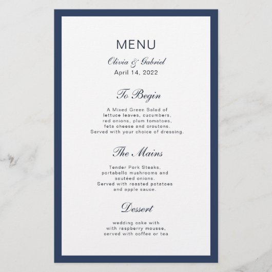 Cadre bleu marine classique. Menu de mariage éléga (Devant)