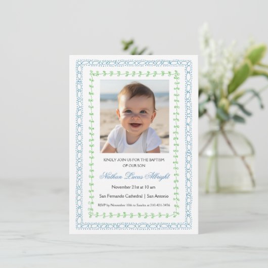 Cadre bleu vert simple Baptême Invitation (Debout devant)