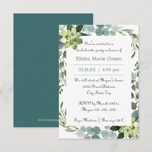Cadre de bouquet sarcelle - Invitation de fête de (Devant / Derrière)