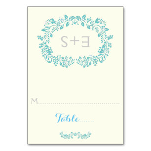Cadre de feuillage Aqua et initiales Carte mariage