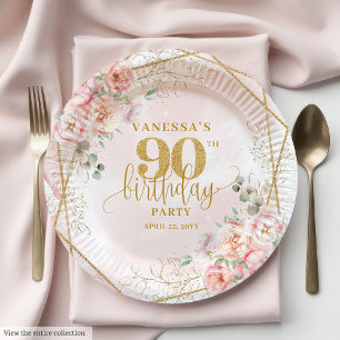 Cadre doré floral rose élégant Assiette 90e annive