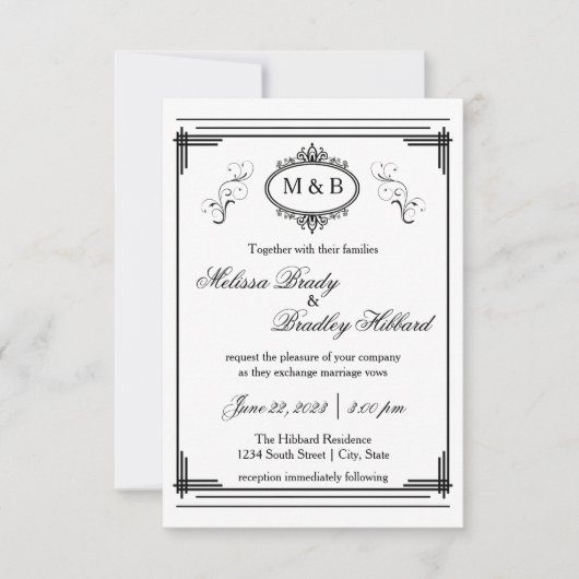 Cadre doublé blanc/noir - Faire-part de mariage 3x (Devant)