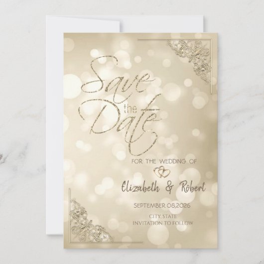 Cadre élégant à coeurs dorés Bokeh Save The Date (Devant)
