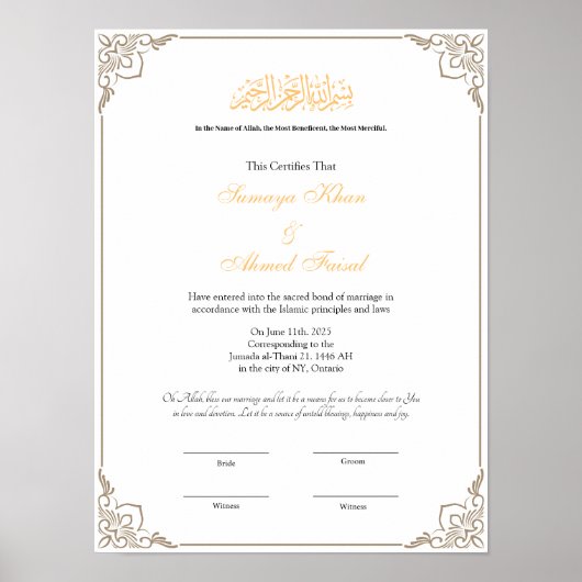 Cadre élégant affiche de certificat de nikkah musu (Devant)